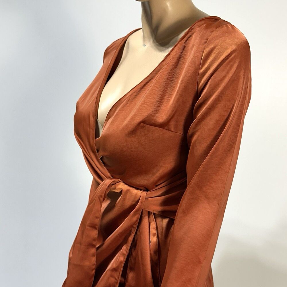 NASTY GAL Burnt Orange Faux Wrap Satin Mini  Dress Size 4 Long Sleeve NWT - Picture 3 of 12